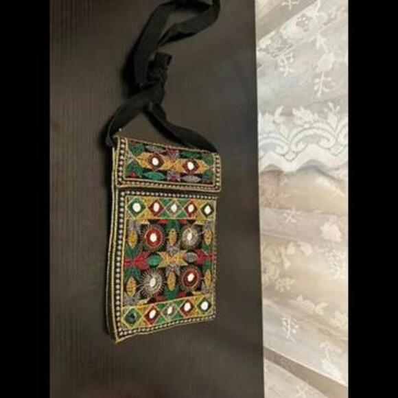 Bohemian Embroidered Phone Pouch with Mirror Accents - Picture 2 of 2